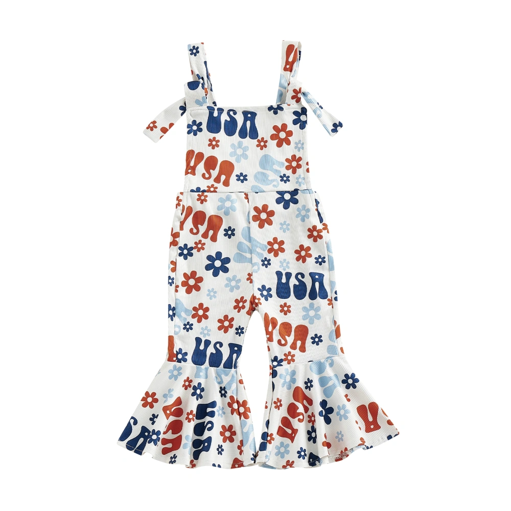 Girl Fourth of July Jumpsuit, Sleeveless Floral Print Romper Overalls