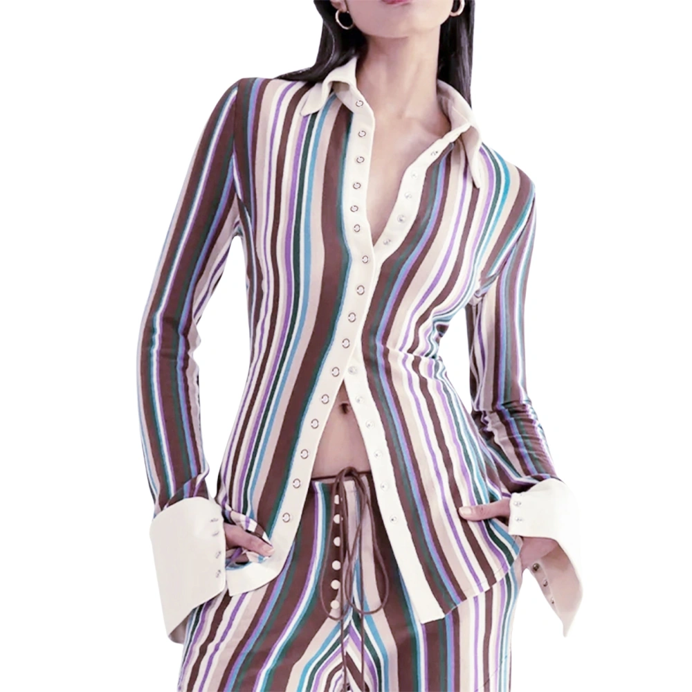 Women Loose Coat Long Sleeve Lapel Striped Print Buttons Cardigan