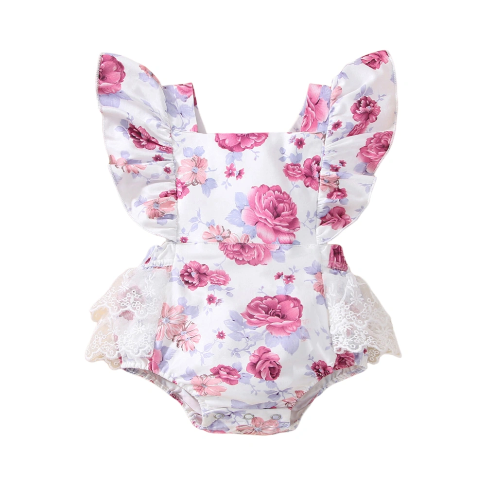 Baby Girl Jumpsuit Lace Panel Floral Print Flying Sleeves Romper 