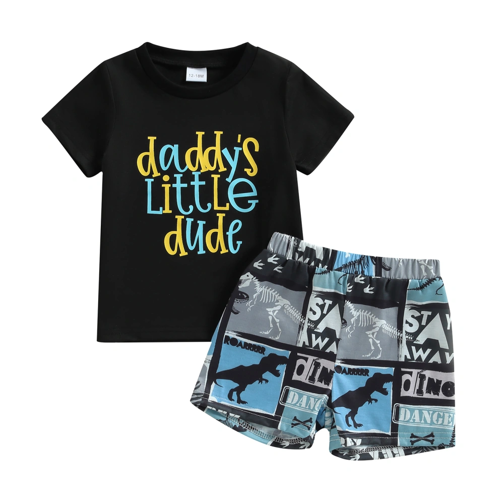 Baby Boys Black Short Sleeve Letter Print Tops + Dinosaur Print Shorts