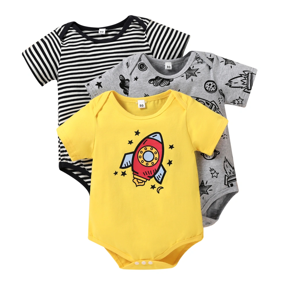 3 Pcs Baby Romper Suits, Short Sleeve Pattern Printing Bodysuit