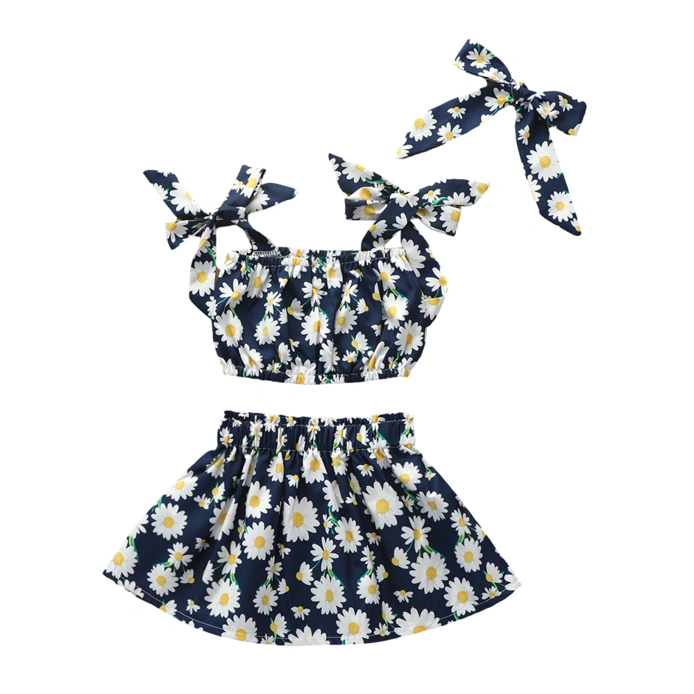 Sleeveless Daisy Print Bowknot Crop Top + Button Skirt + Headband