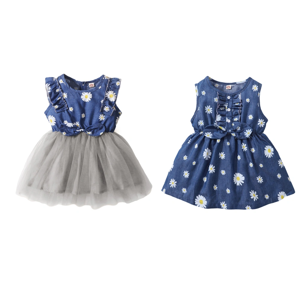 Girls Daisy Print Denim Dress, Sleeveless O-neck High Waist Sundress