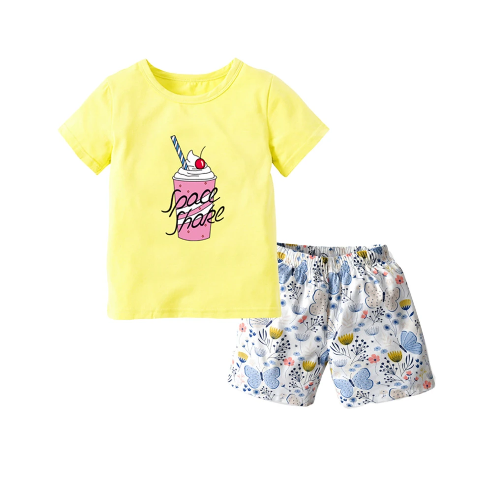 Girls Clothes Set, Ice Cream Print T-shirt + Butterfly Print Shorts