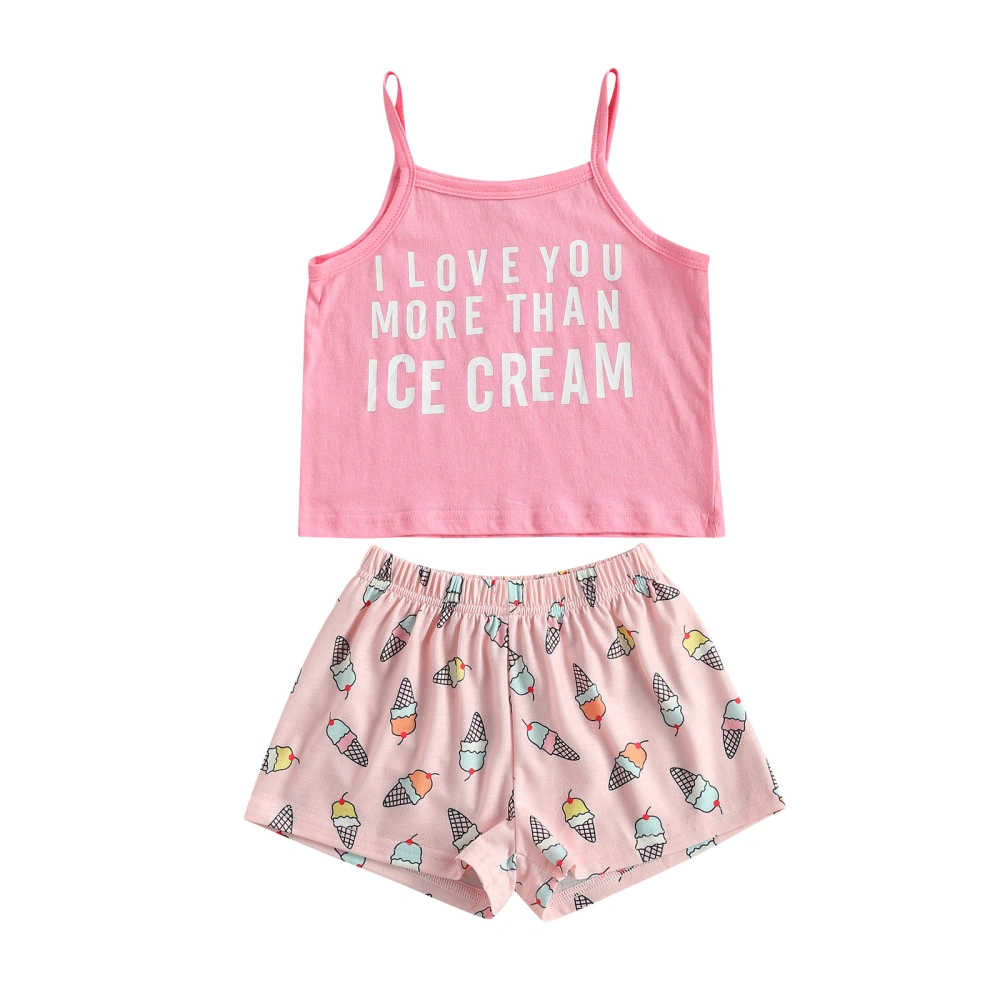 Girl's Casual Suit, Letter Print Sling Camisole, Ice Cream Shorts