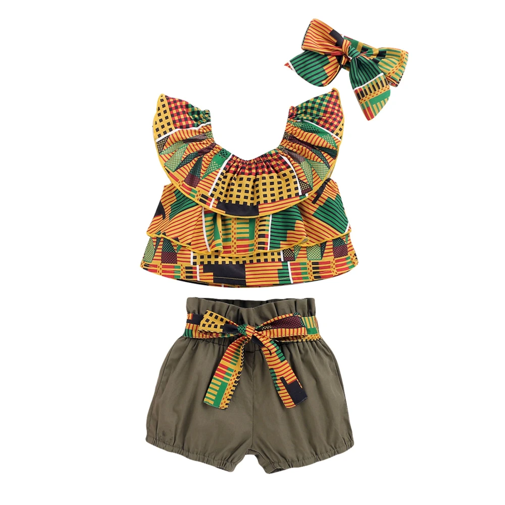 Girl’s Geometric Print Tops and Solid Color Short Pants with Headband