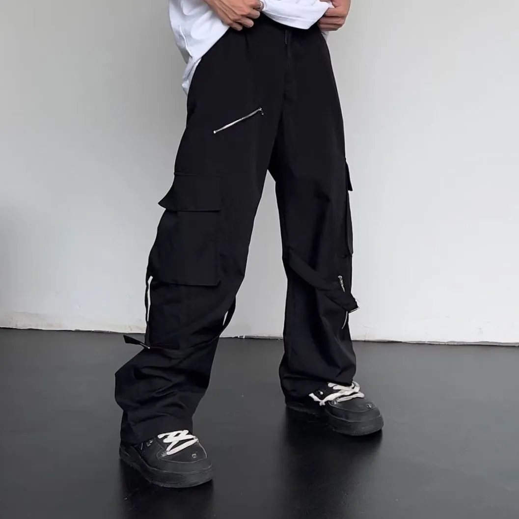 Street Pu Shuai Personality Bandage Zipper Pocket Overalls Men