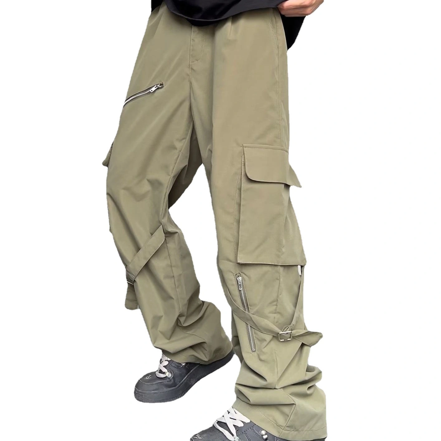 Street Pu Shuai Personality Bandage Zipper Pocket Overalls Men