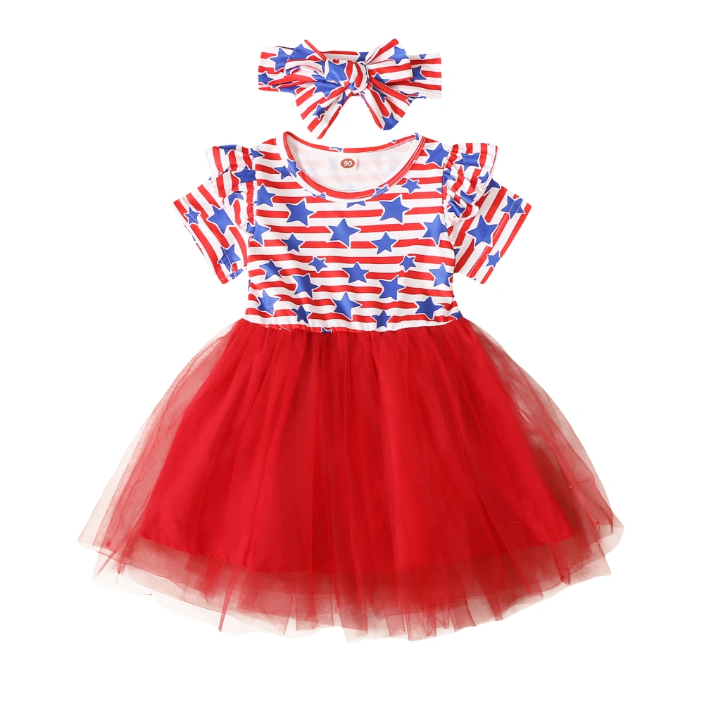 Girls Mesh Dress Stars Stripe Print Short Sleeve Dress and Headband