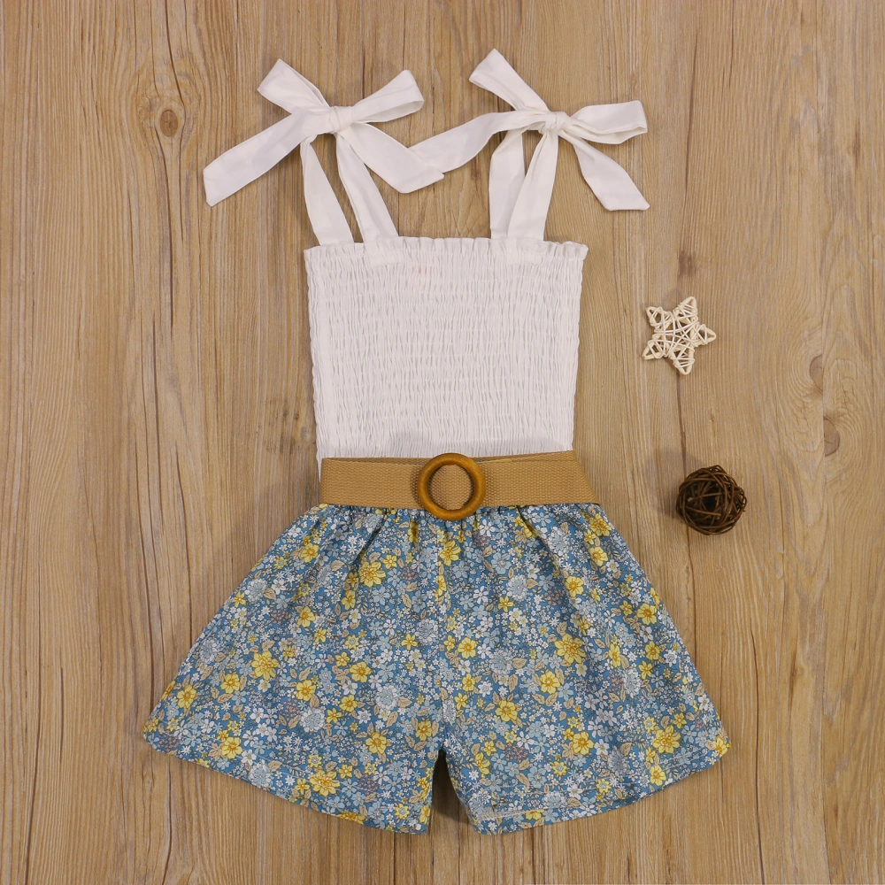 Girls Clothes Set, Solid Color Sling Tops+Floral Print Short Pants