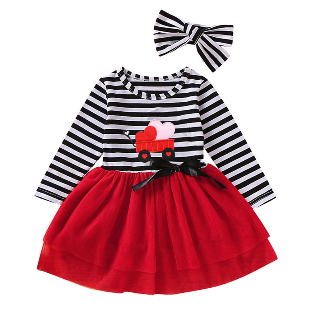 Girl’s Stripe Heart Mesh Yarn Stitching A-line Long-sleeved Dress