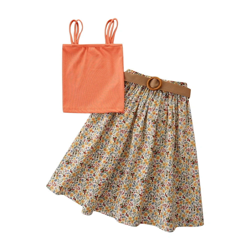 Girls Clothes Set, Solid Color Sling Tops + Floral Print Skirt