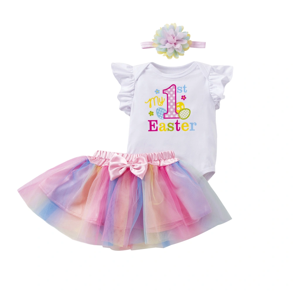 Baby Girls 3Pcs Easter Outfits, Romper+Rainbow Tutu Skirt+Headband Set