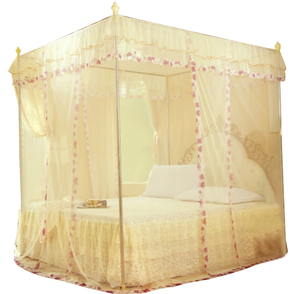 Luxury Princess 3 Side Openings Post Bed Curtain Canopy Netting Mosquito Net Bedding (Yellow S)