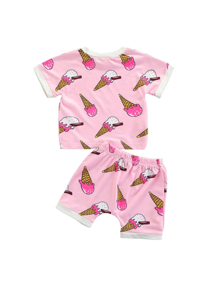 2Pcs Baby Girls Summer Outfits, Ice Cream Print T-Shirts + Shorts