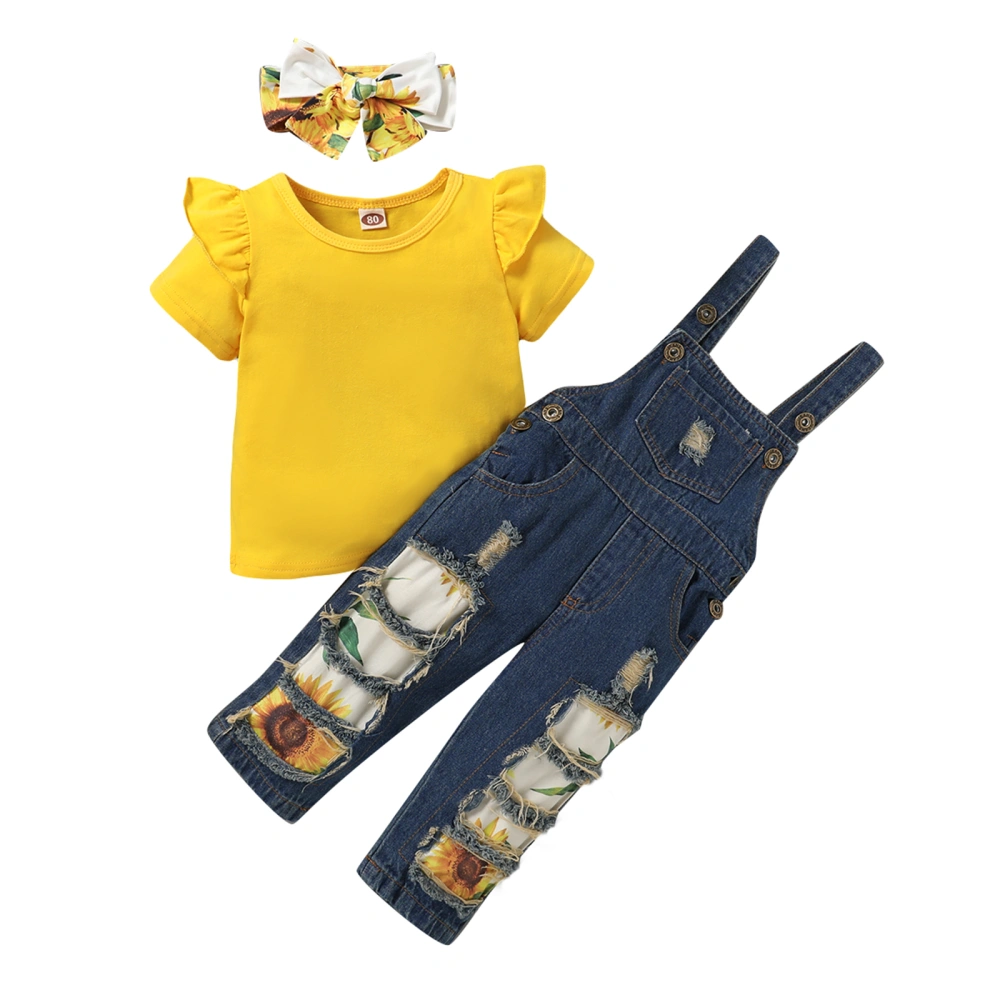 Girl’s Short Sleeve Tops and Ripped Denim Sling Pants & Headband Set