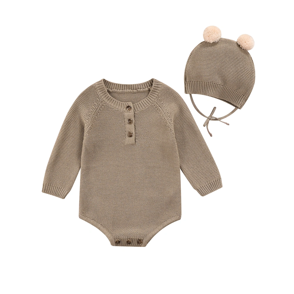 Solid Color Long Sleeve Knit Playsuit + Tie-up Cap with Pom Poms