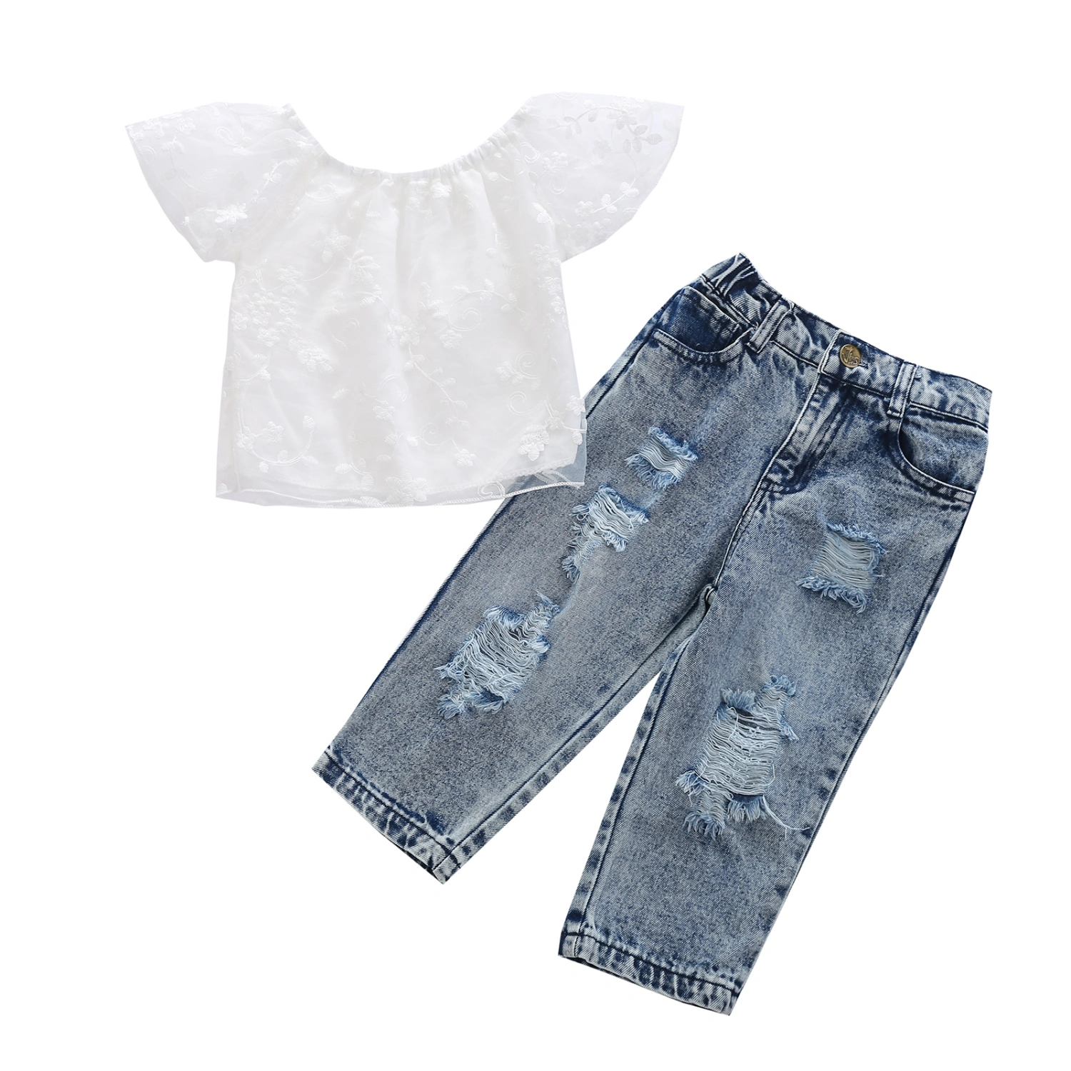 Girls Clothes Set, Floral Embroidery Off-shoulder Tops+Jeans