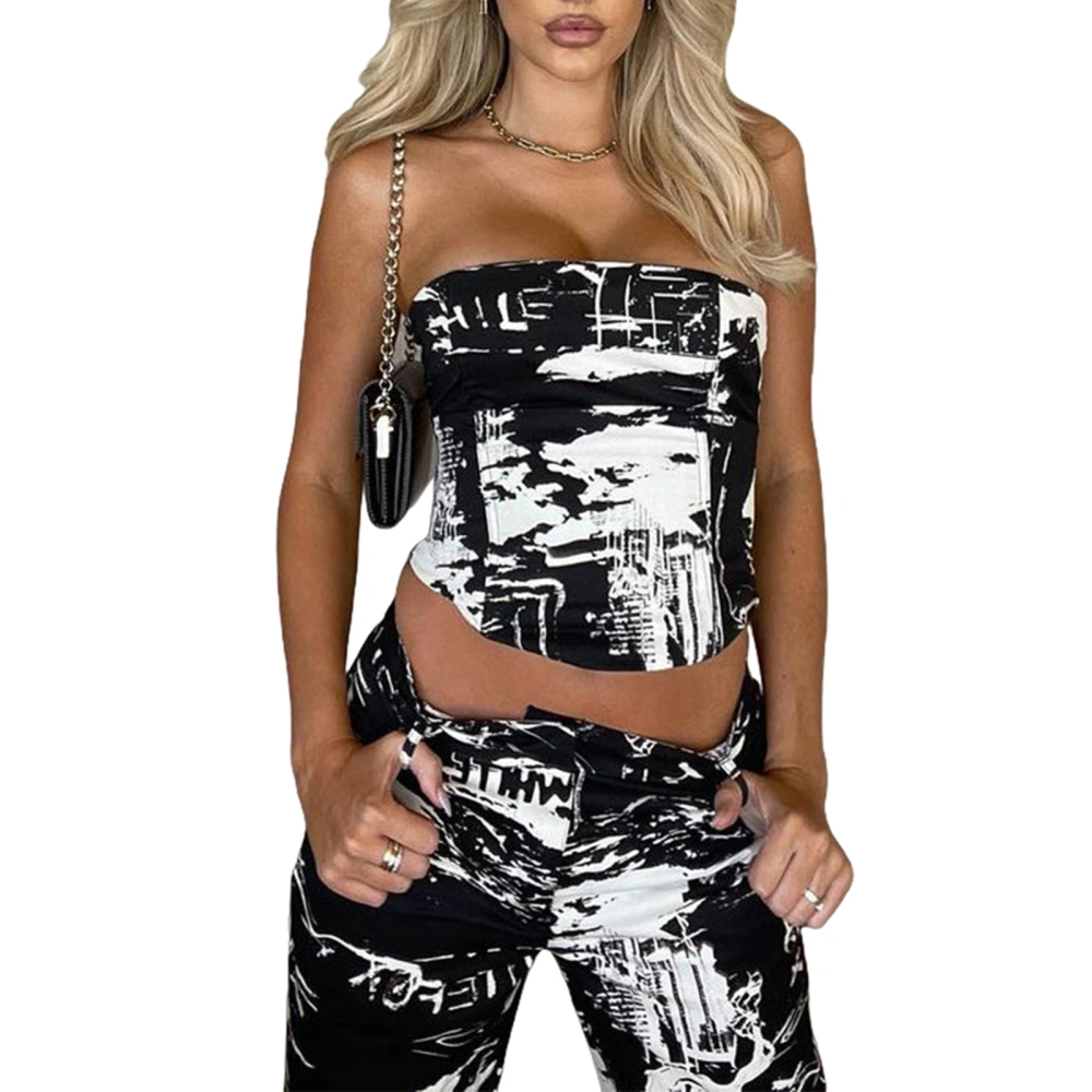 Women Fashion Print Tube Tops Strapless Boat-Neck Tank Tops Streetwear