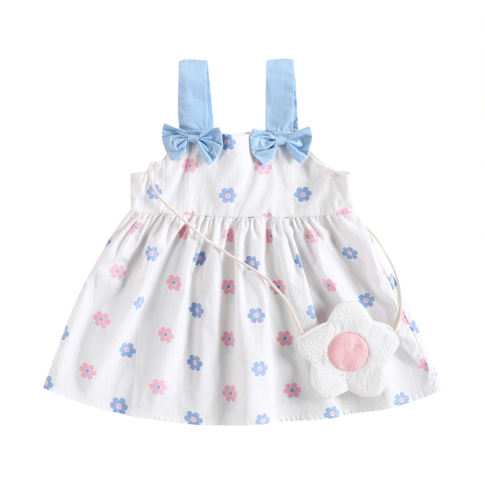 Baby Girls Dress Set, Bowknot Flower Print Slip Dress + Shoulder Bag