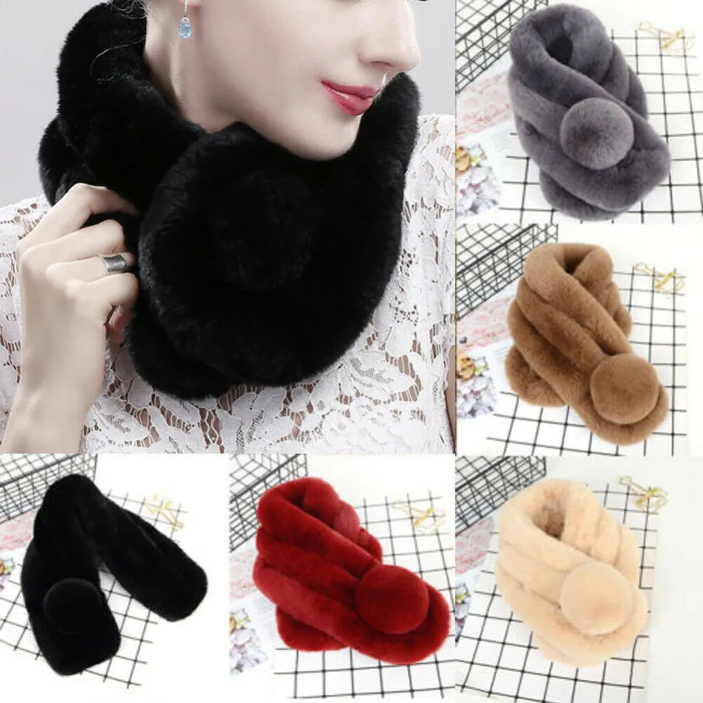 Ladies' Solid color Faux Rabbit Fur Scarf Neck Warmer Fluffy Scarf