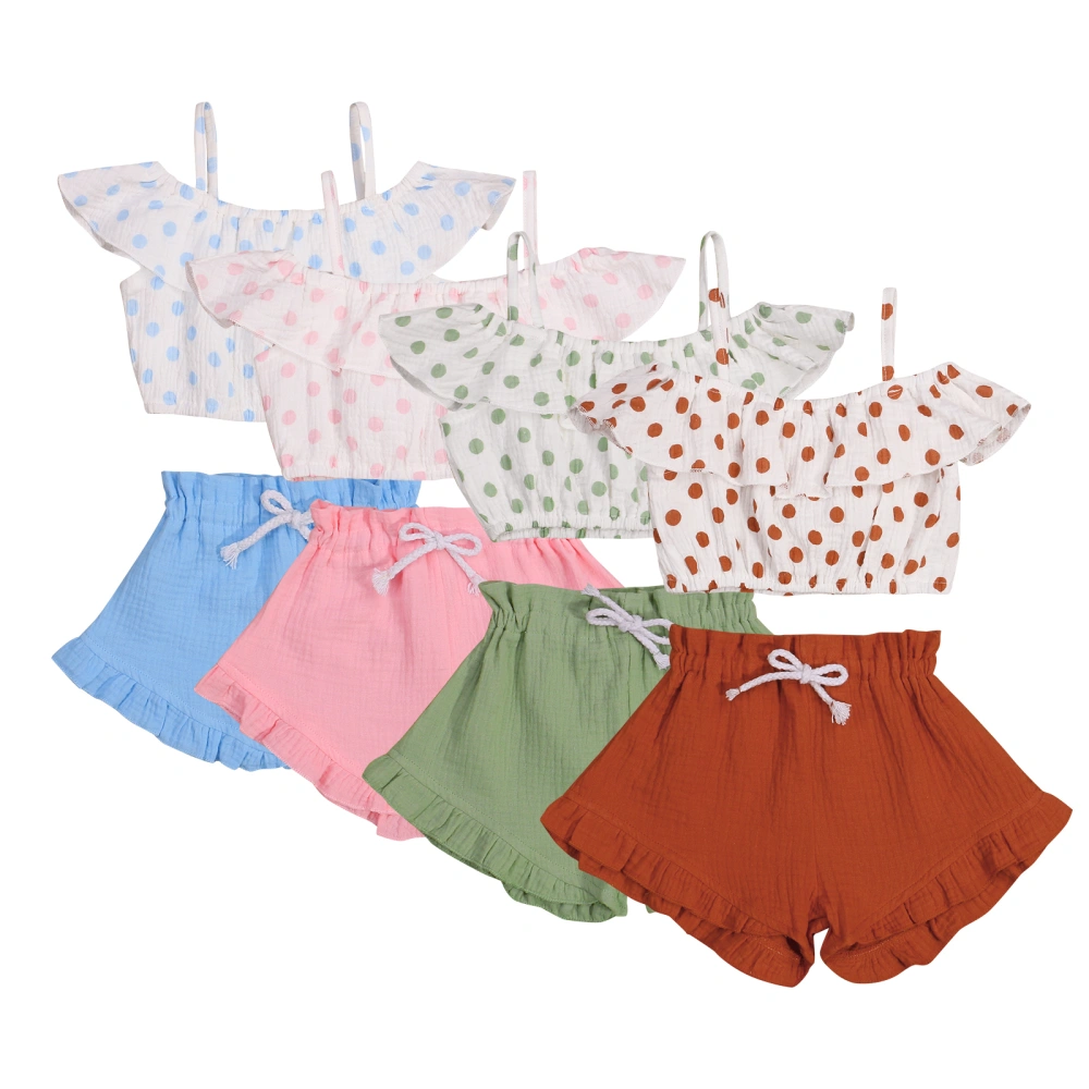 Girls Ruffle Tops Polka Dot Print Sling Summer Pleated Lace Up Shorts