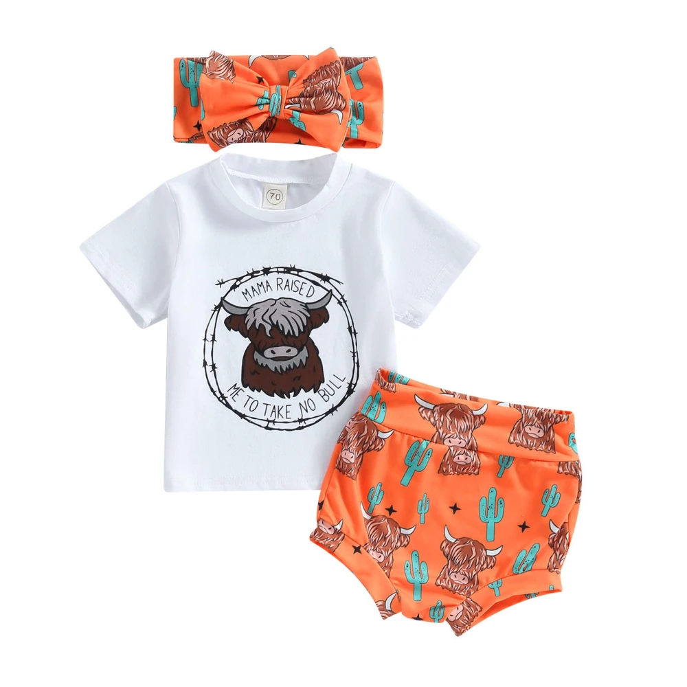 Baby Girls Shorts Set Letters T-shirt Bull/Horse Print Shorts Hairband