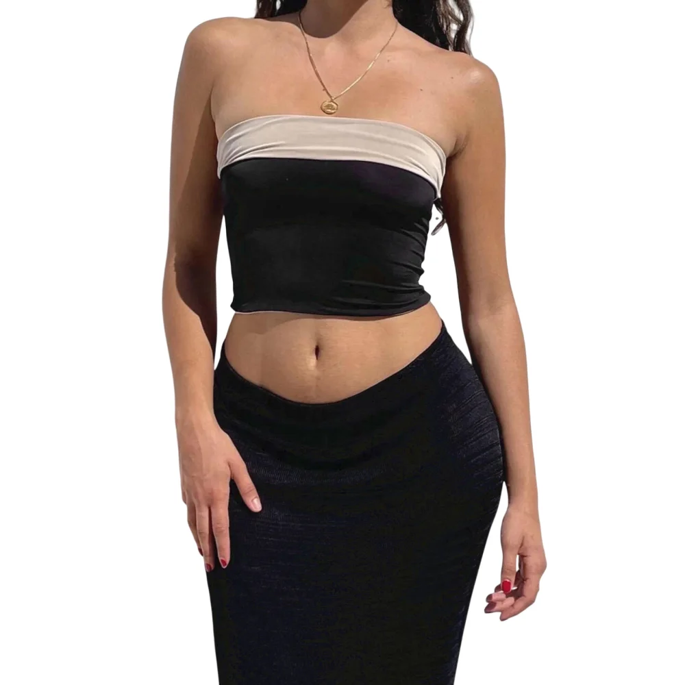 Women Bandeau Off-shoulder Tops Contrast Color Tops/ Long Skirt