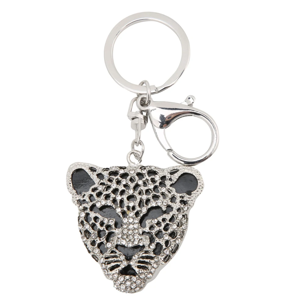 Keychain Exquisite RhinestoneEncrusted Leopard Head Car Bag Pendant for Girl Birthday Gift(Silver )