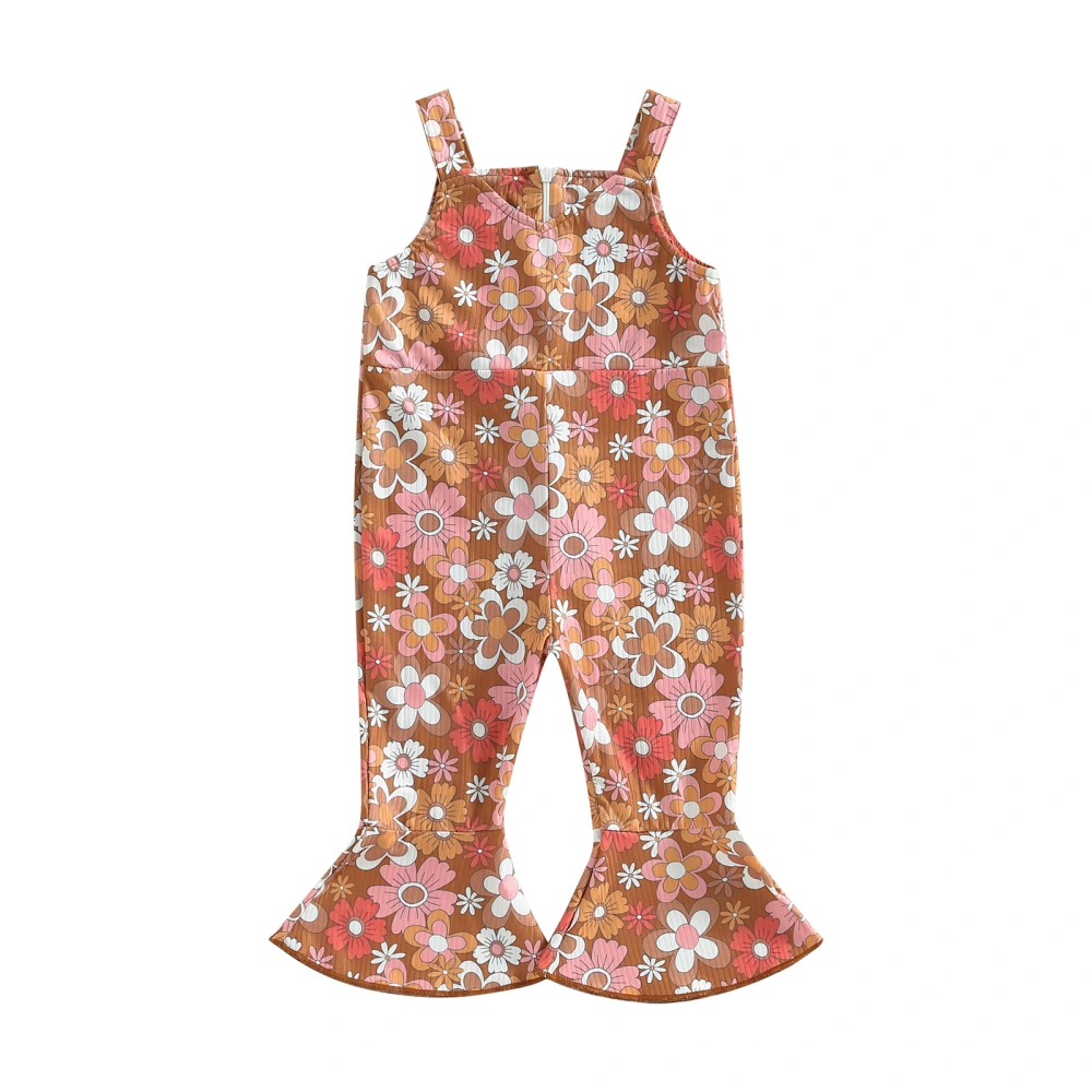 Girl Summer Jumpsuit Overalls, Sleeveless V Neck Floral Bell-Bottoms