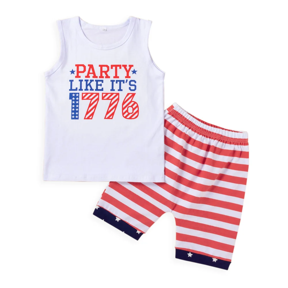 Boys Clothes Set, Round Collar Sleeveless Tops and Stripe Print Shorts