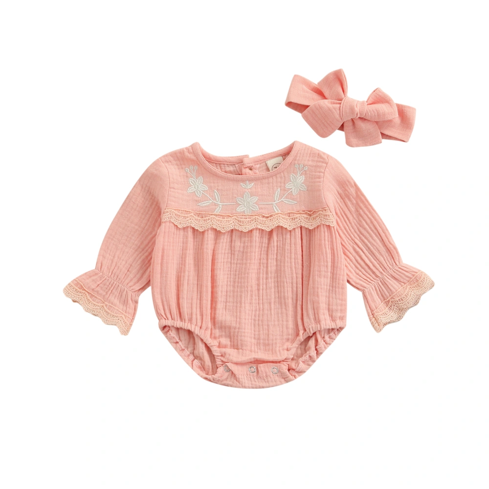 Baby Girl’s Embroidery Round Neck Long Sleeve Romper with Headband