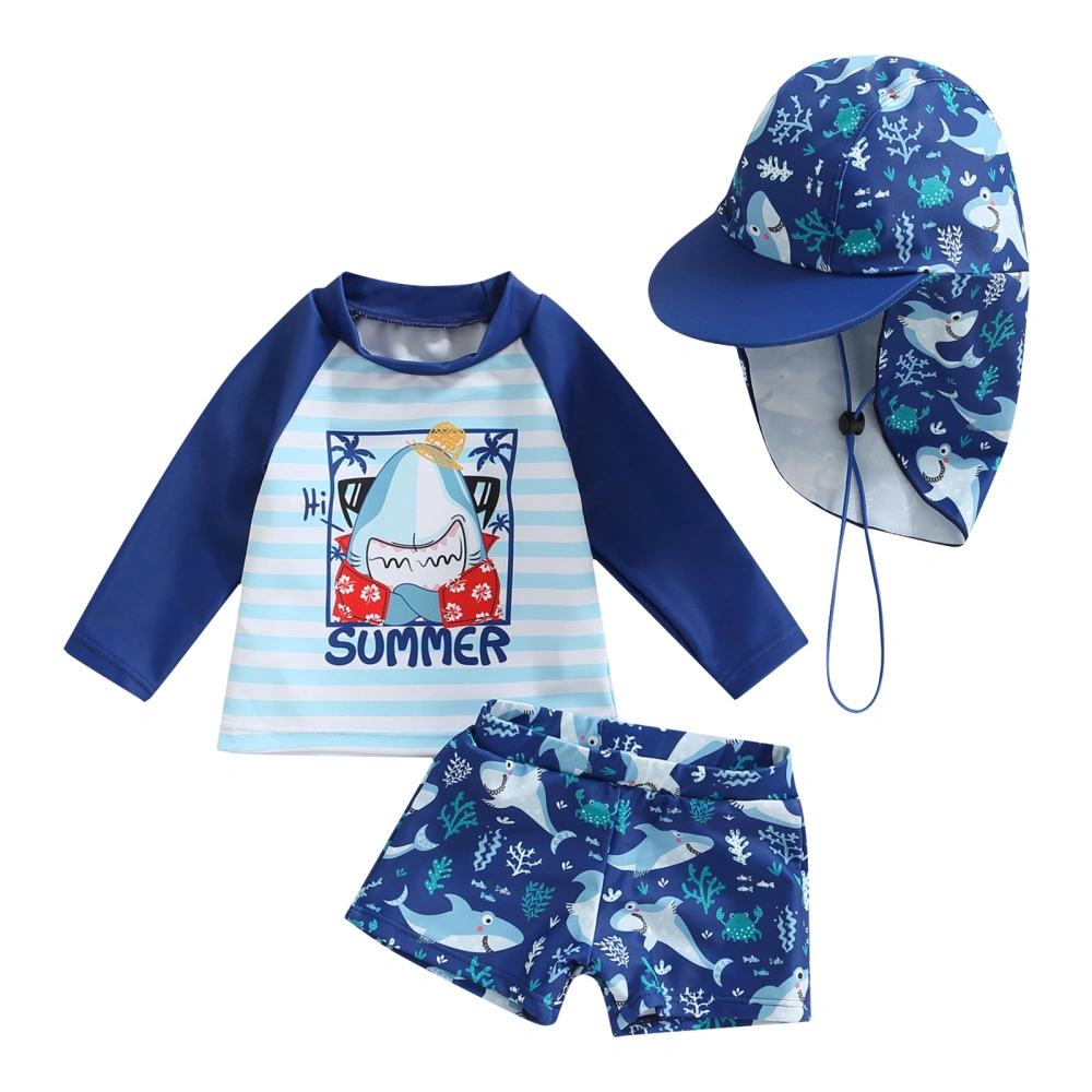 Boy Swimsuit Cartoon Summer Beach Long Sleeve Tops + Shorts + Hat 