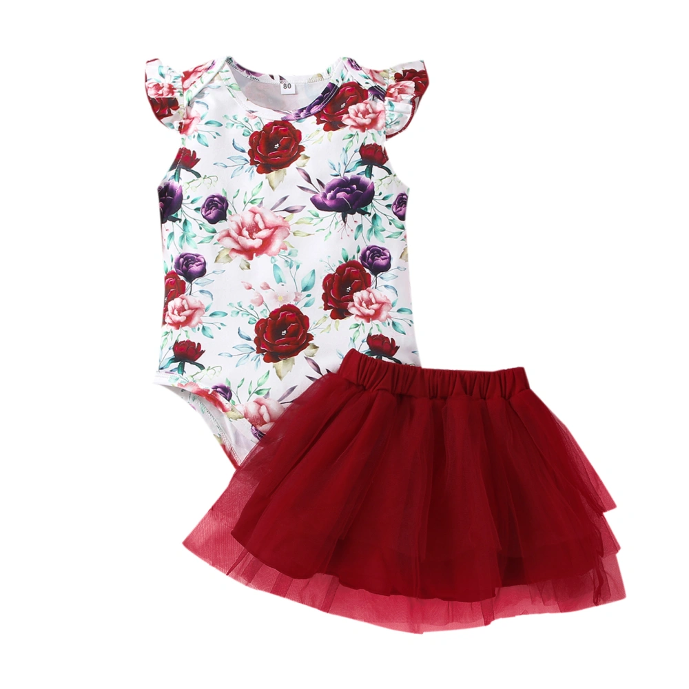 Baby Girl Two-Piece Suit Flower Print Fly Sleeve Romper + Tulle Skirt