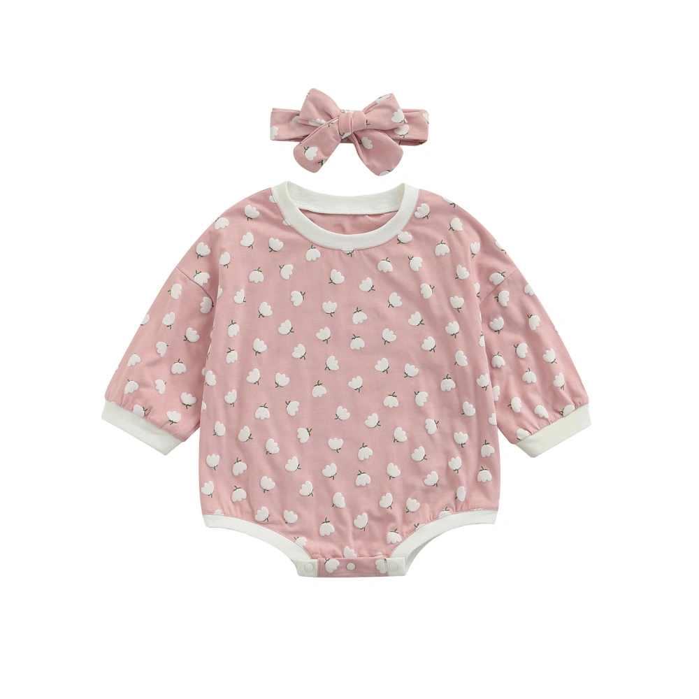 Flower Pattern Long Sleeve Round Neck Playsuit + Bow Headband