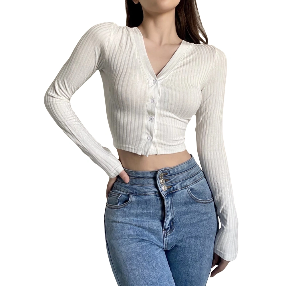 Women Solid Color Crop Tops V-Neck Cross Tie-Up Knitted T-Shirts