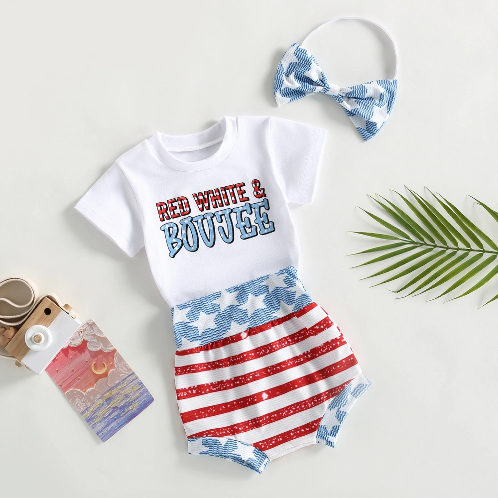 Baby Girls White Short Sleeve Tops + Stars Stripe Shorts + Headband