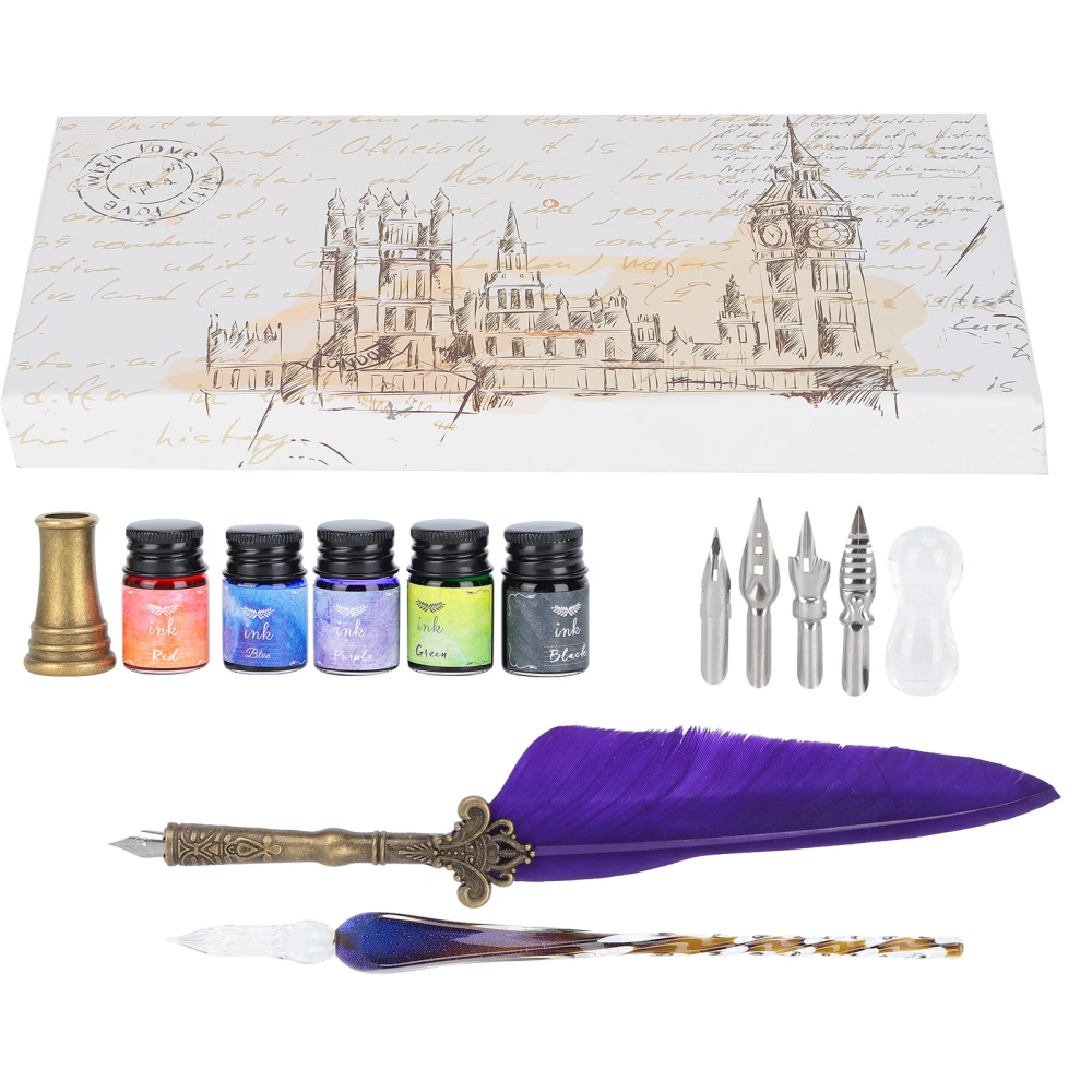 Calligraphy Pen Set Glass Ink Feather Fountain Pen with Replaceable Nib Writing Gift Box KitSP118014 Purple