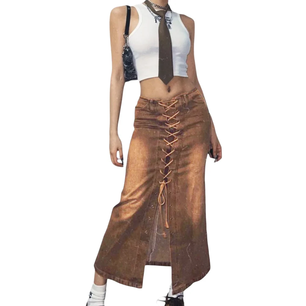 Women Denim Skirt Solid Color Retro Style Drawstring Long Skirt 