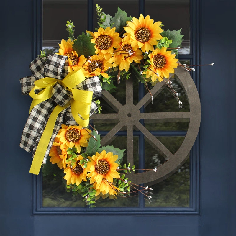 Sunflower Bow Garland Ornaments Wooden Wheel Plate Door Hanging Decoration