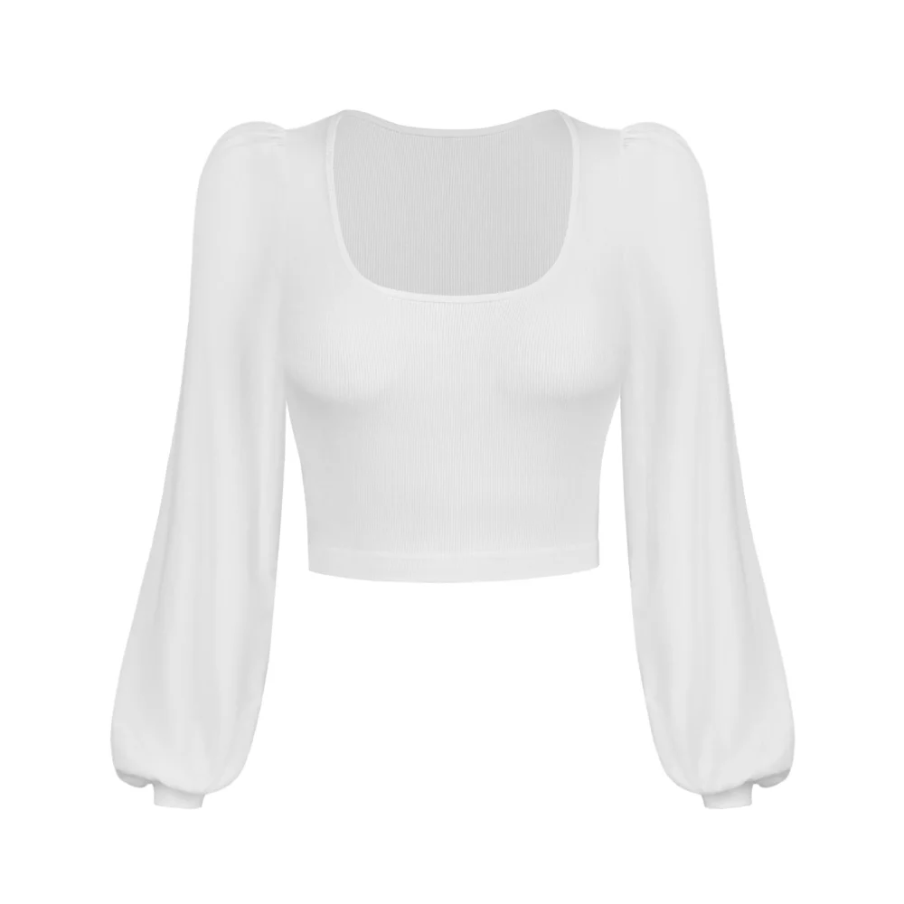 Women’s Autumn French Solid Sheer Long-Sleeve U-Neck Cropped Tops