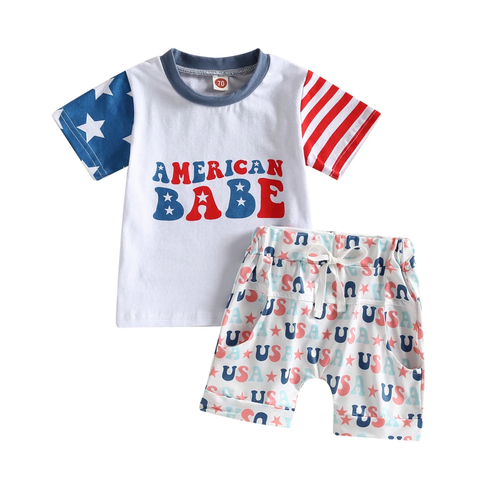 Boys Short Sleeve Contrast Color Tops + Letter Print Drawstring Shorts