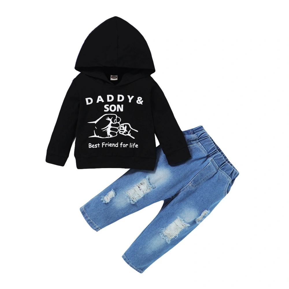 Kid Tracksuit, Boys Letters Hooded Sweatshirt + Ripped Denim Pants