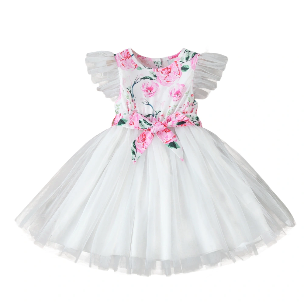 Toddler Girl Summer Dress, Fly Sleeve Floral Print Belted Tulle Dress