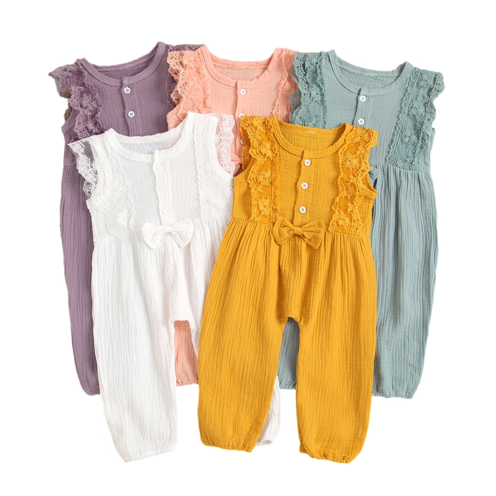 Kids Siamese Trousers, Lace Trim Henley Neck Sleeveless Jumpsuit