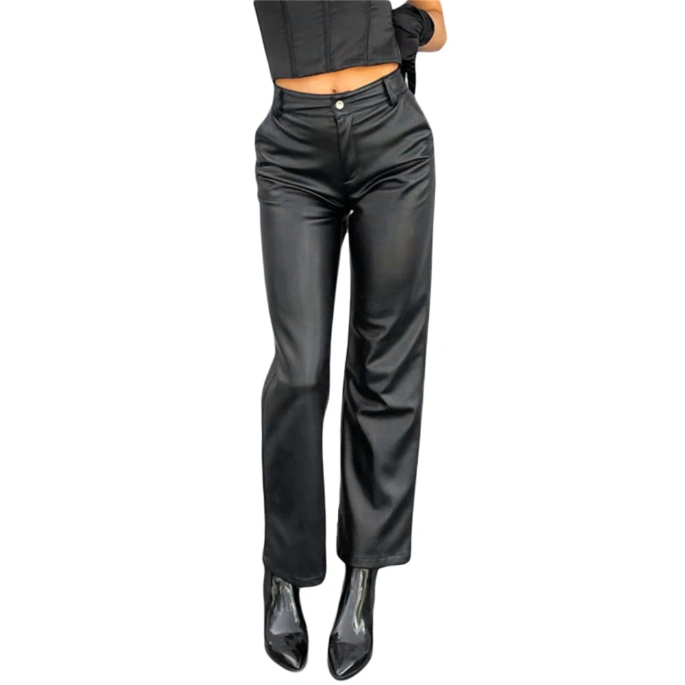 Women's Faux Leather Pants, High Waist Straight Leg Dress Pants