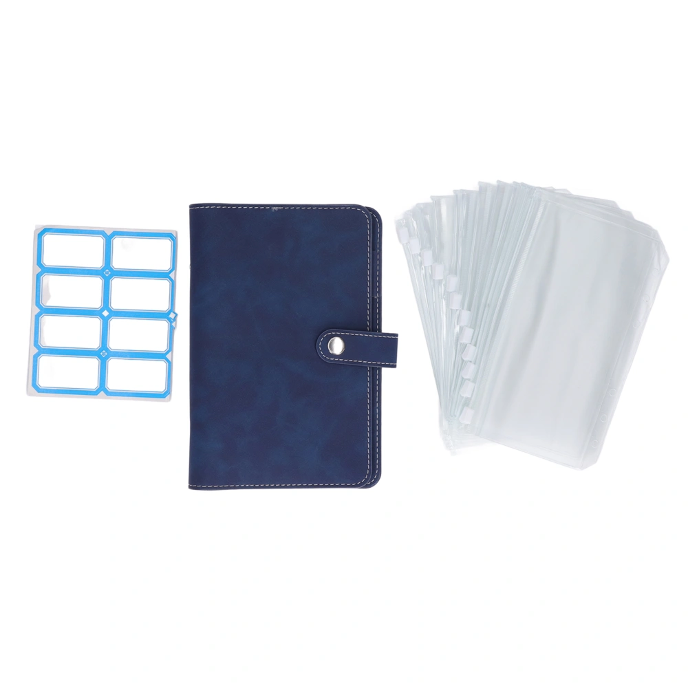 Cash Binder A6 Portable Size PU Leather 6 Pre Punched Holes Budget Binder with 12 Clear Zip Pockets Small Labels Blue