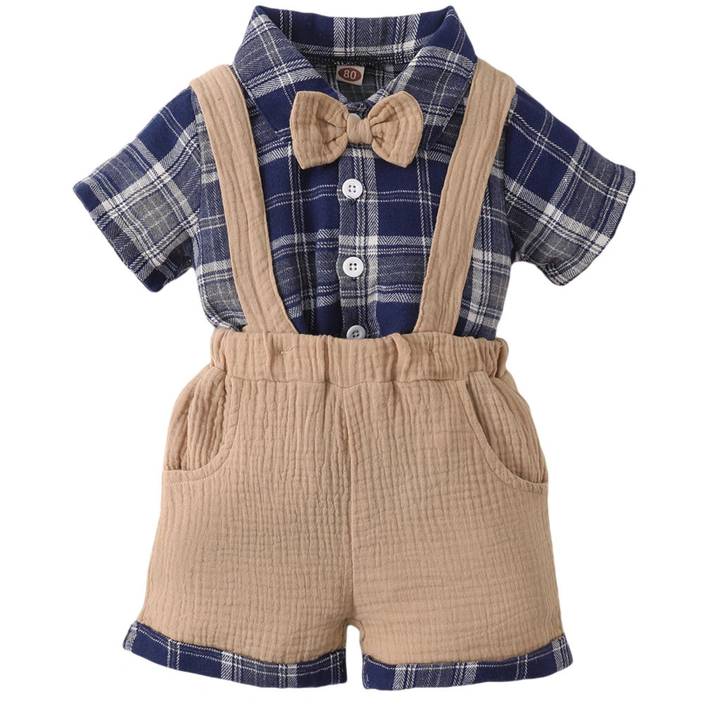 Plaid Print Lapel Shirt with Bow Tie + Patchwork Suspender Pants