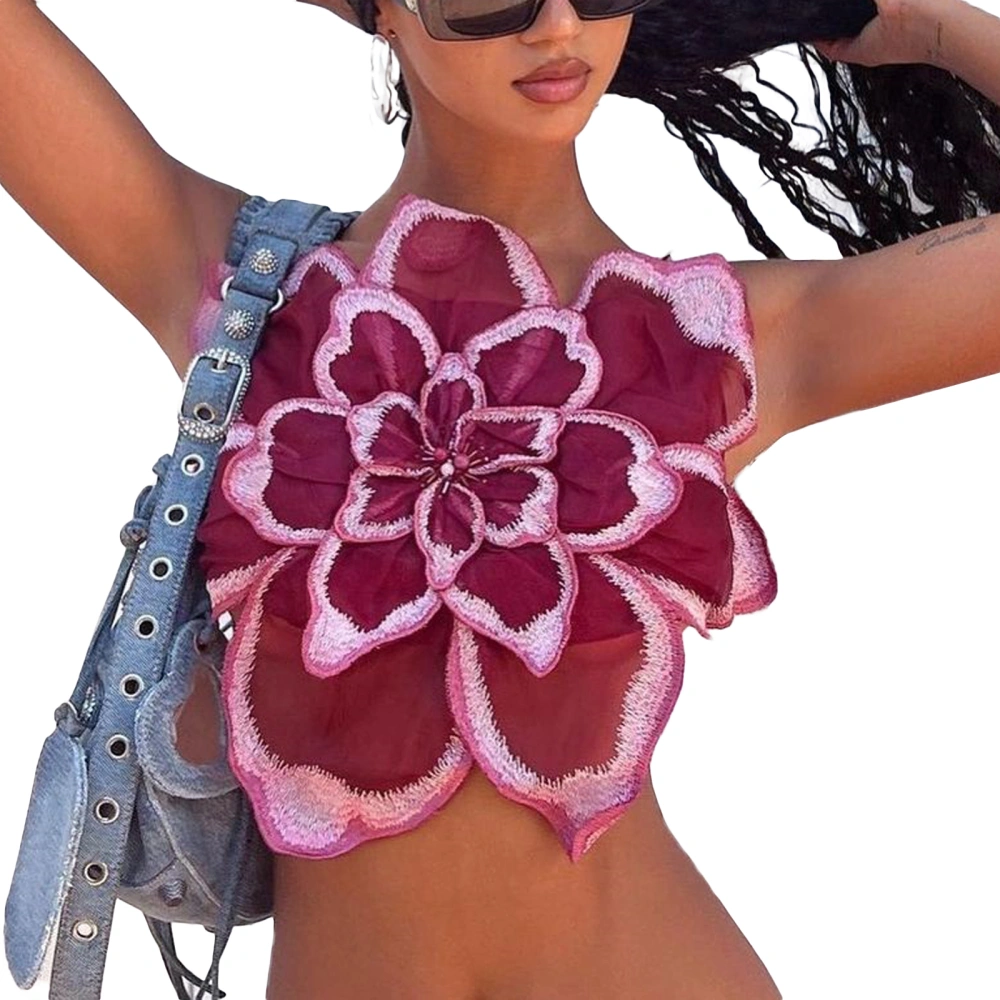 Women Short Vest Sleeveless Backless Lace Flower Vest, Wine Red 