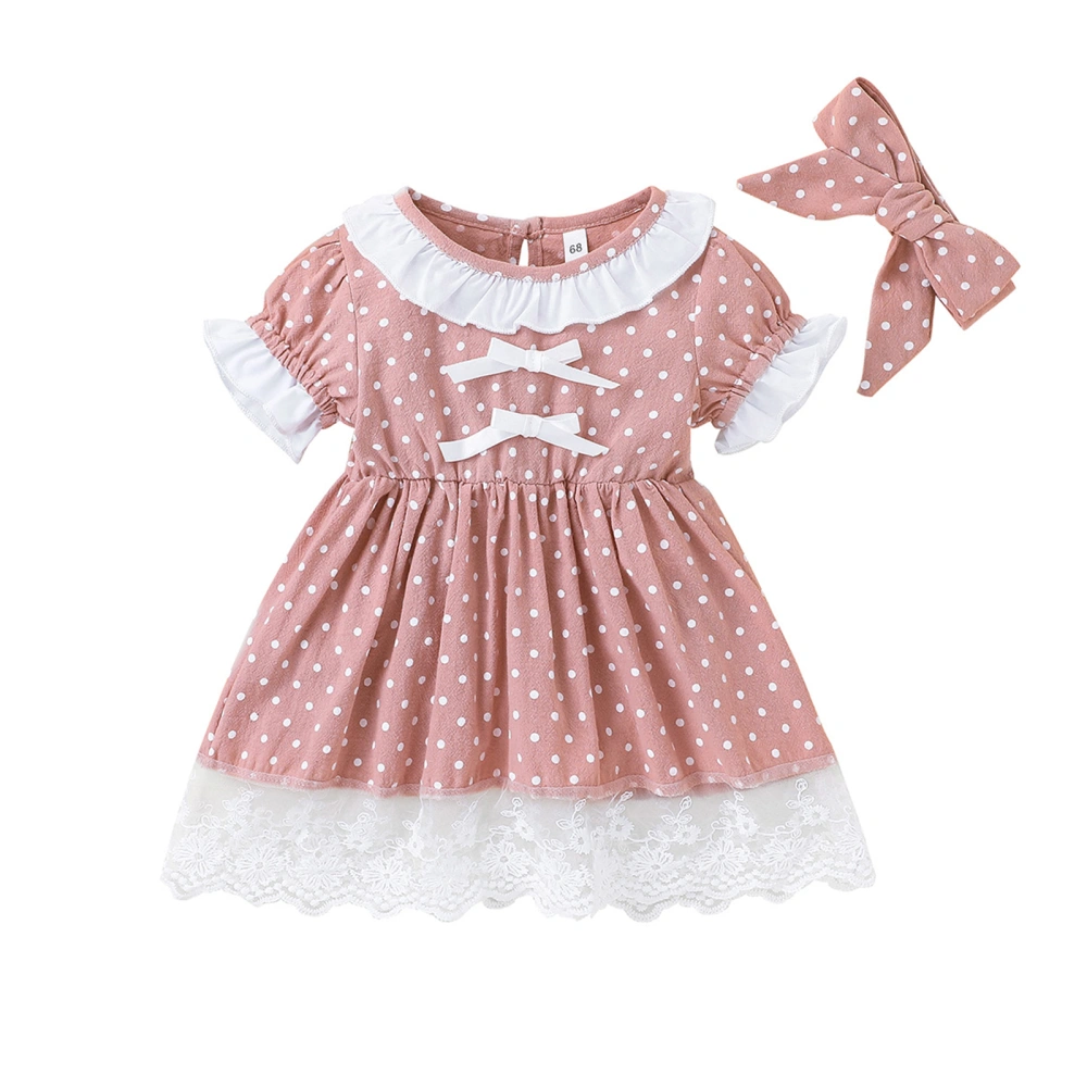 Baby Girl Dress Set, Short Sleeve Dots Print Dress with Headband